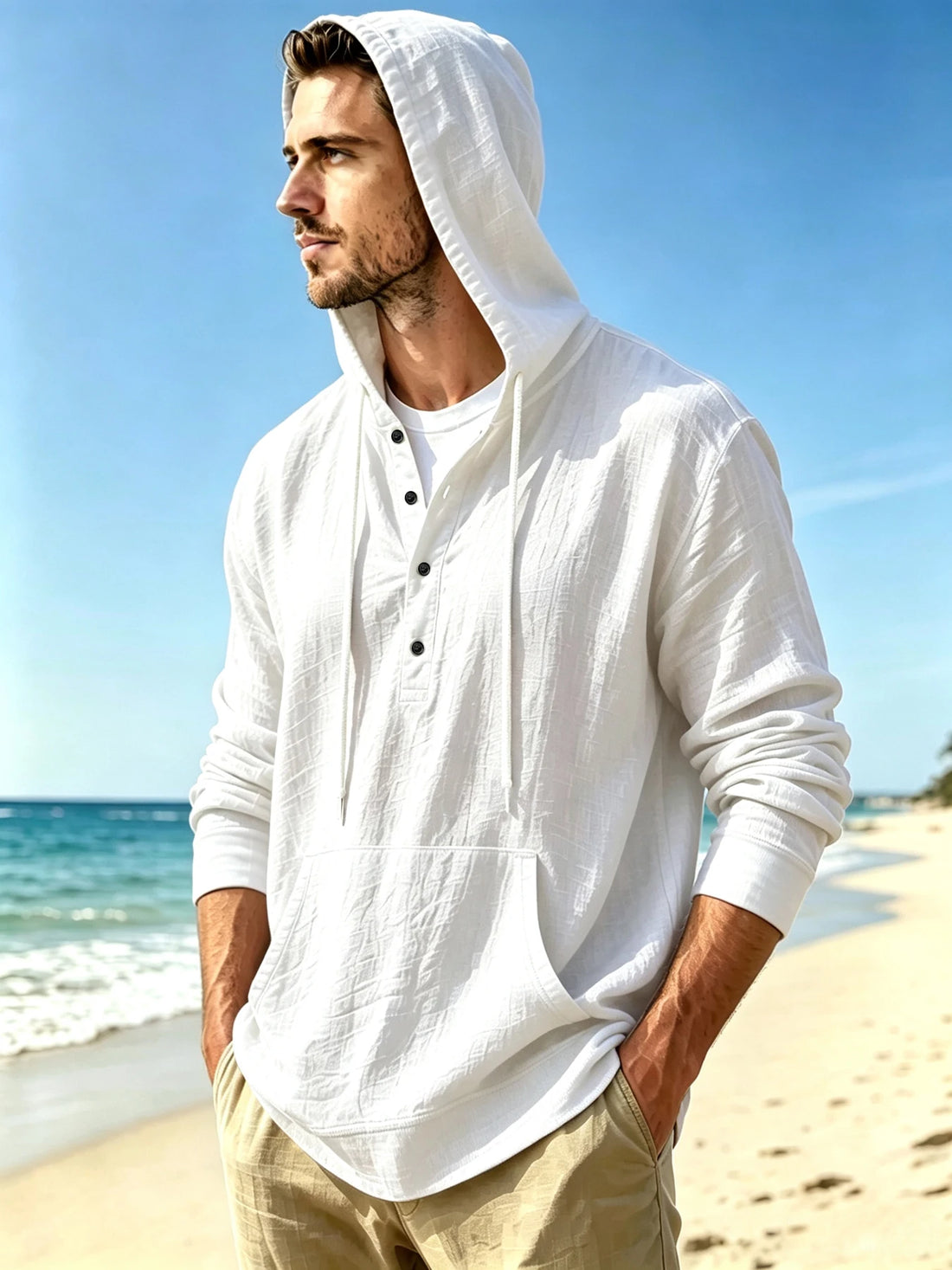 Men's Henley Hooded Casual Shirt, Beach Vacation Relaxed Style, Half Button Placket, Drawstring Hood & Kangaroo Pocket, Breathab