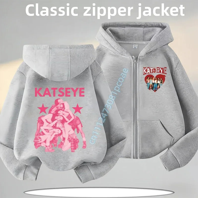 KATSEYE Children's Zippered Pullover Hoodie Boys' Sport Shirt Girls' Casual Top Cartoon Print 2026 New Fall/Winter Coat