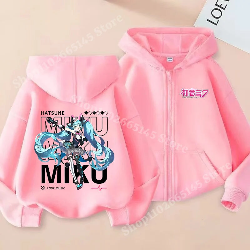 Hatsune Miku Zipper Hoodies Coat Girls Cute Hooded Cardigan Kids Spring Autumn Jacket Long Sleeves Fashion Children Clothes Gift