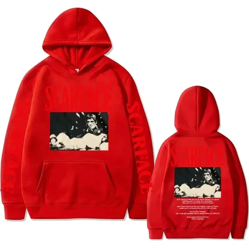 Retro 90s movie Scarface star Tony Montana hoodie, street American retro trend pullover, hip-hop fashion, oversized sportswear