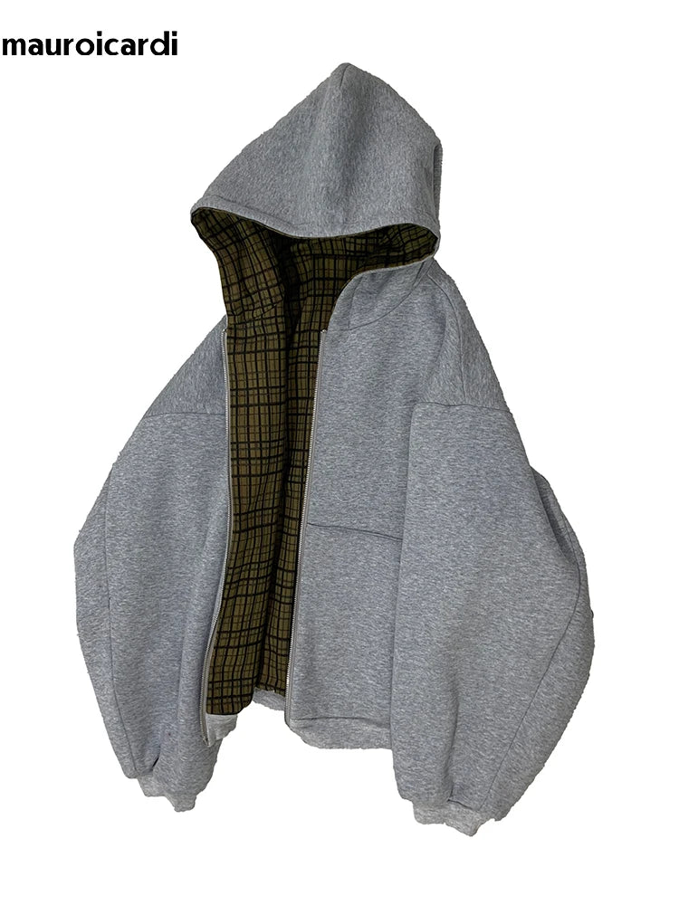 Mauroicardi Autumn Oversized Reversible Hoodies Men Loose Casual Luxury Designer Clothes Hoodie with Plaid Lining Sweatshirt