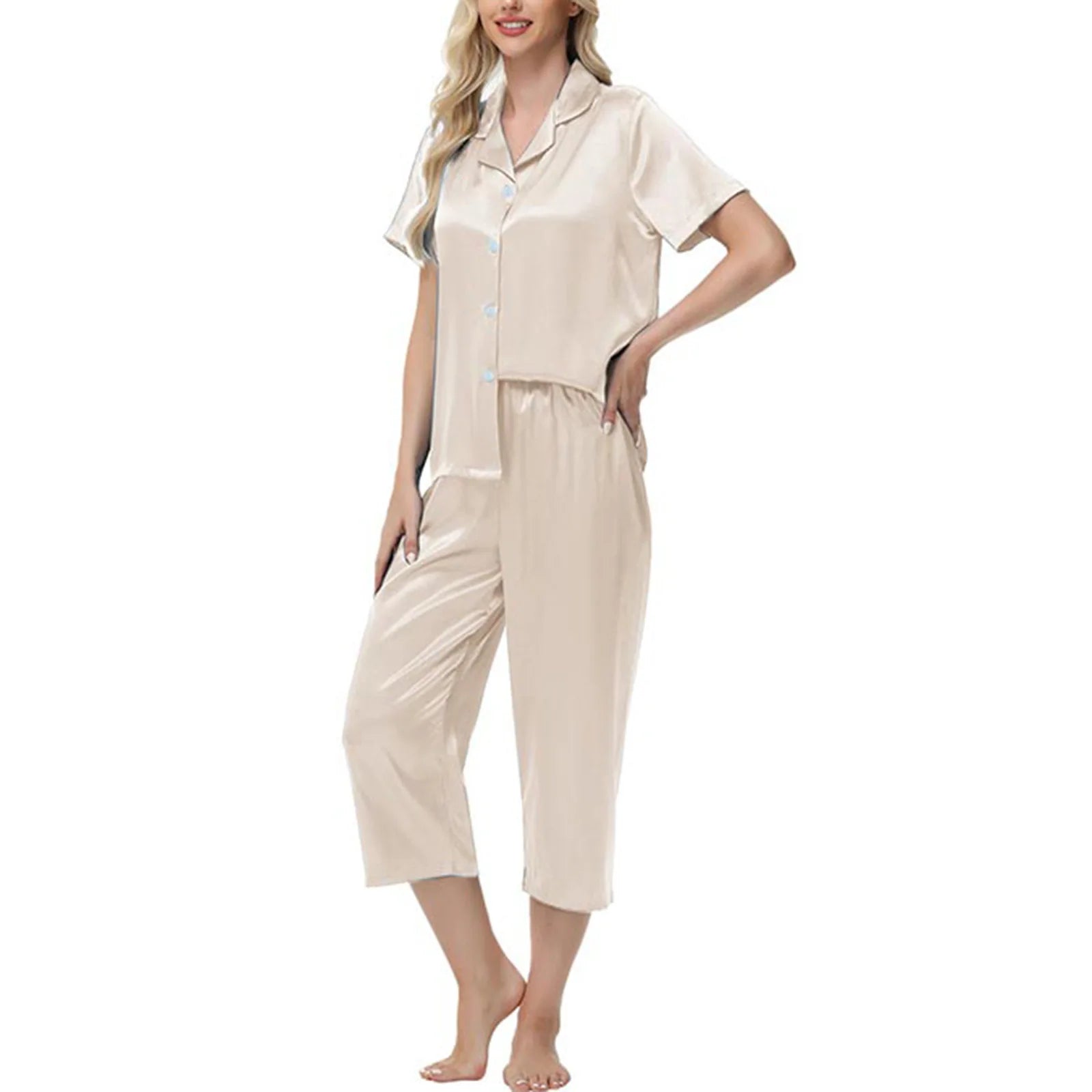 New Women Two-piece Pajama Set Elegant Ice Silk Pajama Set with Button-down Shirt Wide Trousers Homewear Casual Outfit Sleepwear