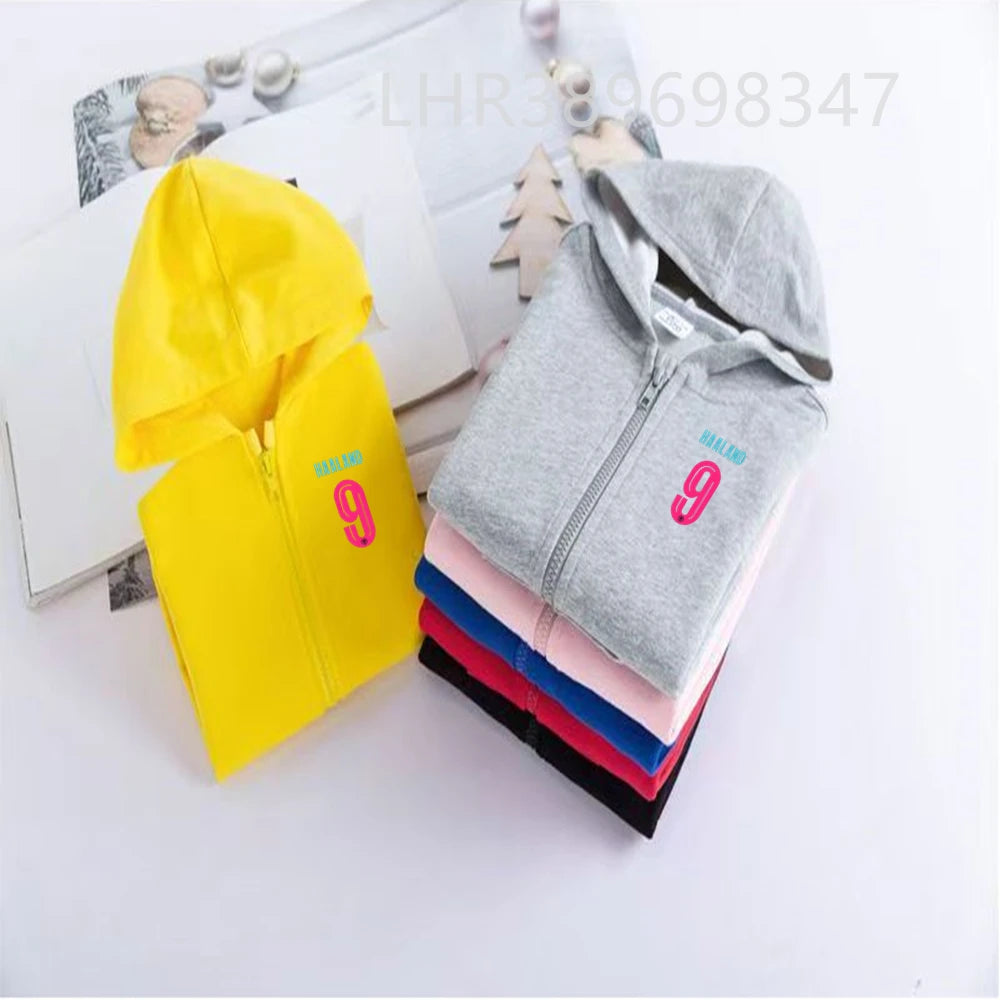 Kids Zipper Hoodie Tops Football Star No. 9 Print Black Boys Girls Red Toddler Coat Age 3-12 Casual Autumn Fashion Clothing