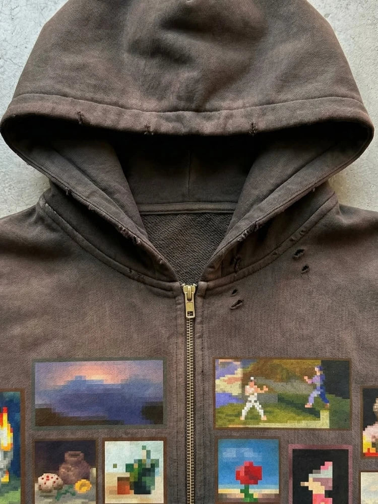 Y2K Retro Gallery Hoodie Brown Pixel Painting Art Pattern Zip Up Sweatshirt Trendy Classic Streetwear Unisex Oversize Clothing