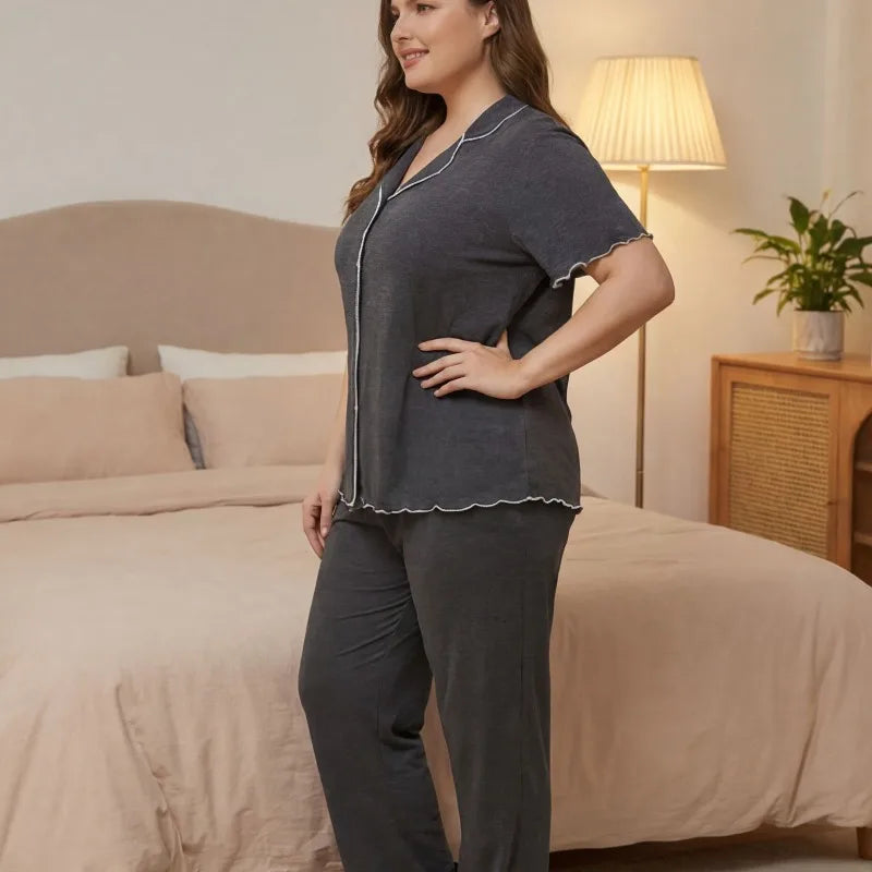 EU US Plus Size Women Solid Pajamas Set Summer Loose Loungewear Button Short-sleeved Cardigan Trousers Two-piece Set 0XL - 4XL