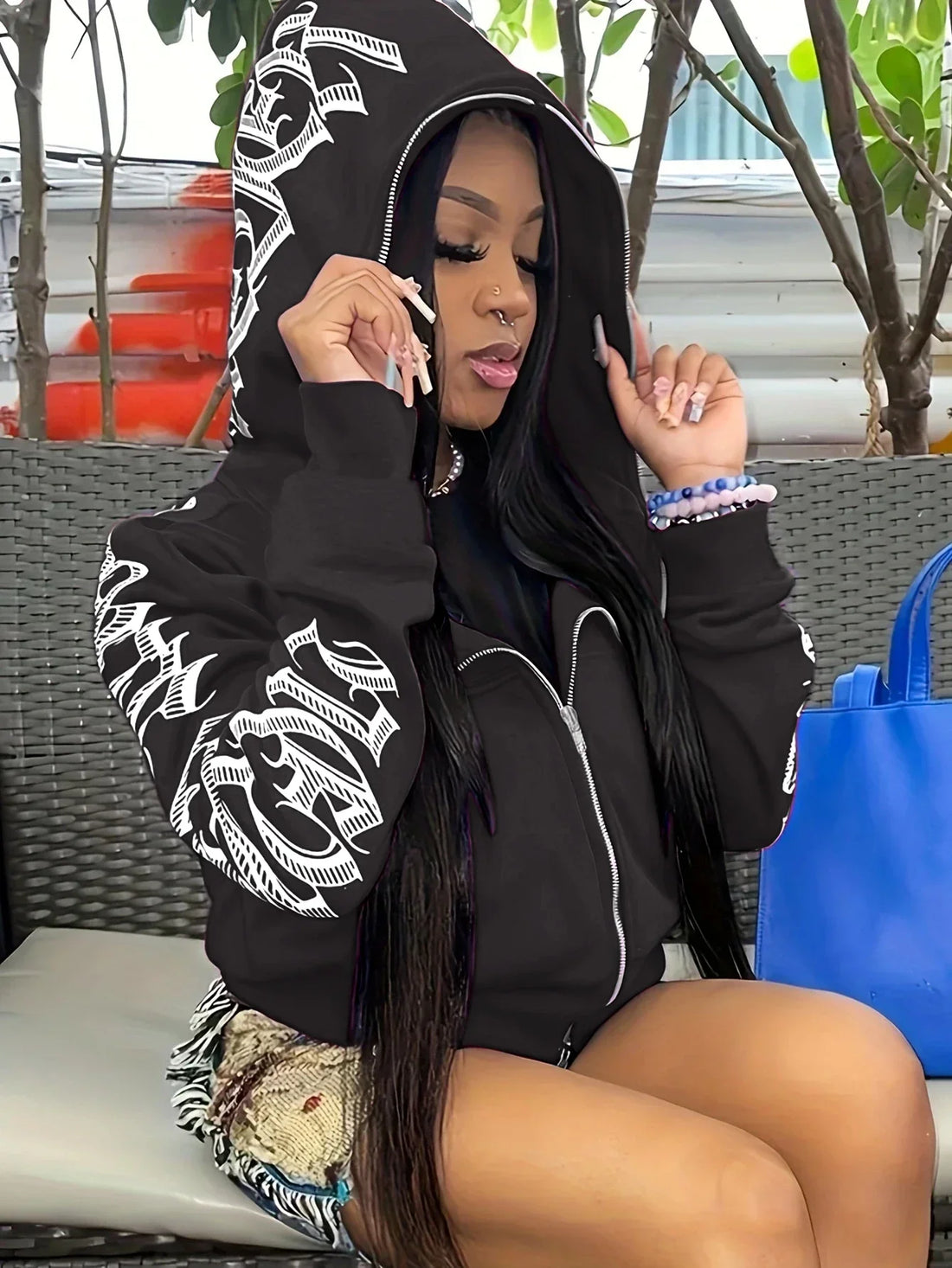 New 2025 Winter Letter Printed Zip Up Hoodie Streetwear Women Cyber Y2k Jackets Cardigan Gothic Punk Clothes Sweatshirts
