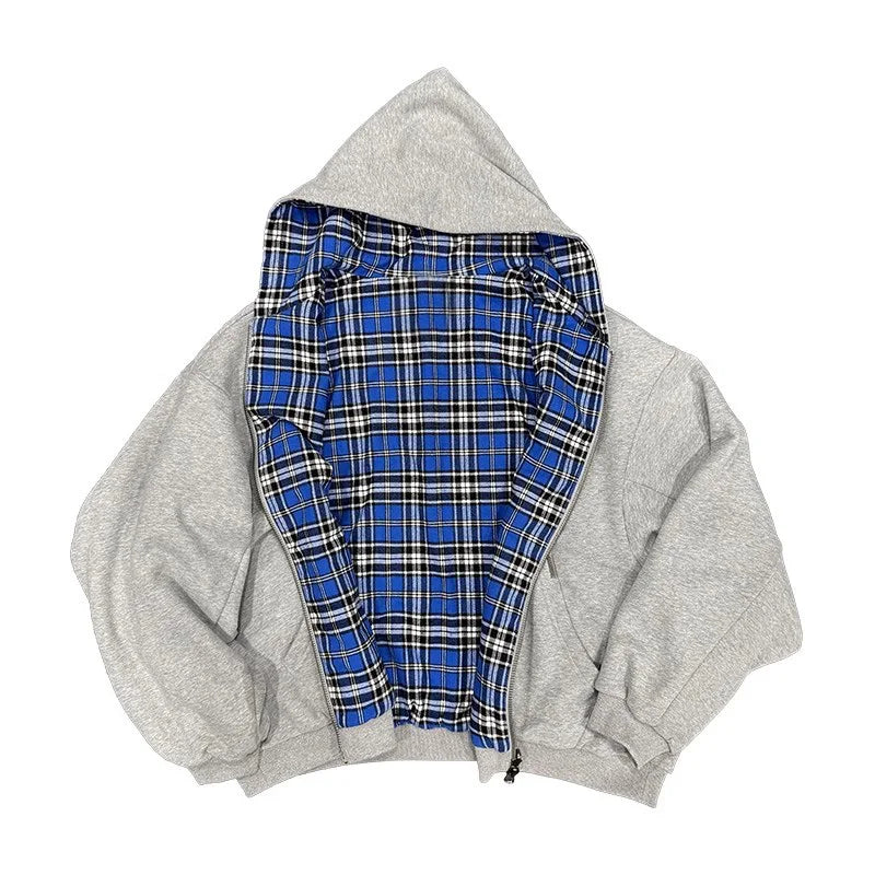 Mauroicardi Spring Oversized Reversible Hoodies Men Luxury Designer Clothing Hoodie with Plaid Lining Sweatshirt Streetwear 2025