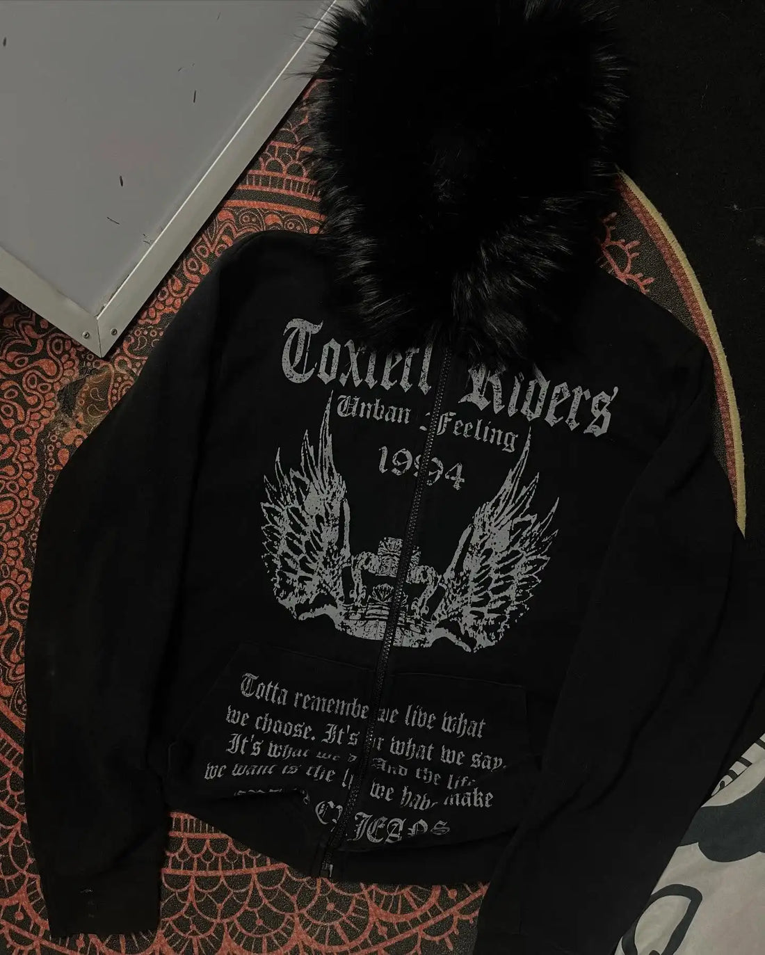 Y2K Fur collar sweatshirt Gothic Retro Pattern Super Dalian Hat Zipper Sweatshirt Trend Men Women Fashion Casual Streetwear