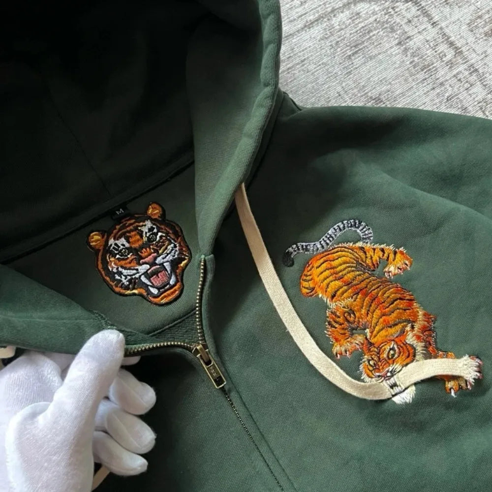 Y2k Men Women Casual Tiger Embroidery Hoodie Oversized Zip Up Sweatshirts Long Sleeve With Kangaroo Pocket Olive Green Clothes