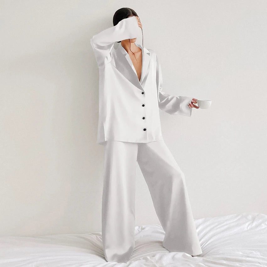 Oversized Satin Silk Sleepwear Low Cut Sexy Pajamas For Women Single-Breasted Long Sleeves Wide Leg Pants Trouser Suits