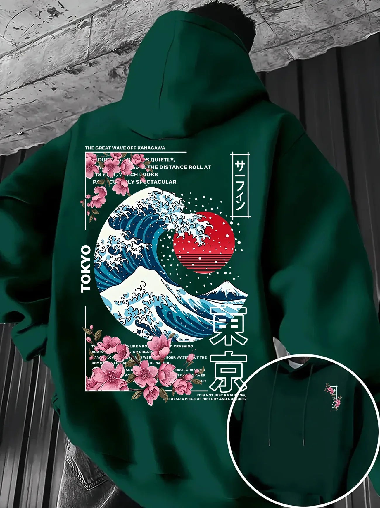 Ukiyo-E Great Wave Kanagawa Hoodie Men Aesthetic Sakura Tokyo Letter Graphic Sweatshirt Oriental Vintage Daily Hooded Pullover