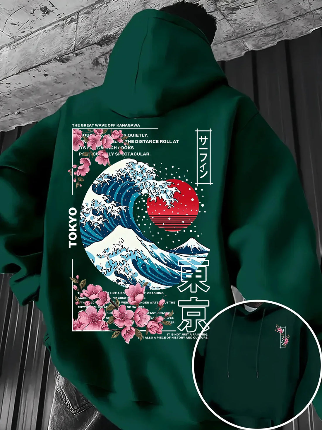 Ukiyo-E Great Wave Kanagawa Hoodie Men Aesthetic Sakura Tokyo Letter Graphic Sweatshirt Oriental Vintage Daily Hooded Pullover