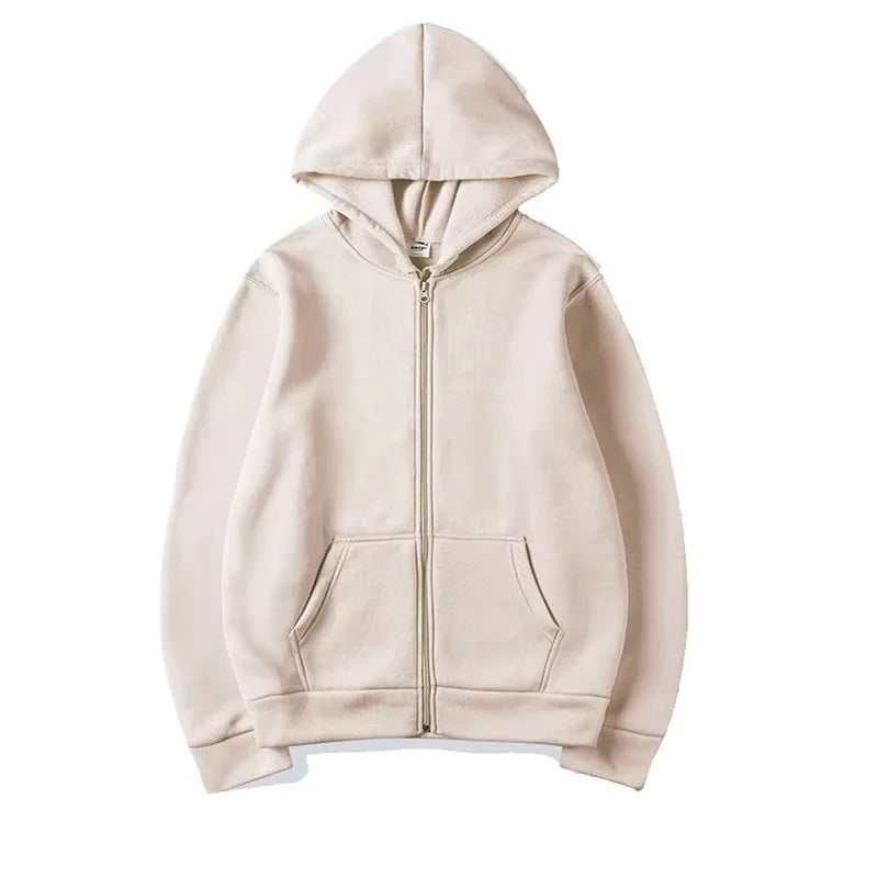 Solid color, smooth finish zip-up hoodie autumn/winter unisex long-sleeved sweatshirt simple stylish and casual wear