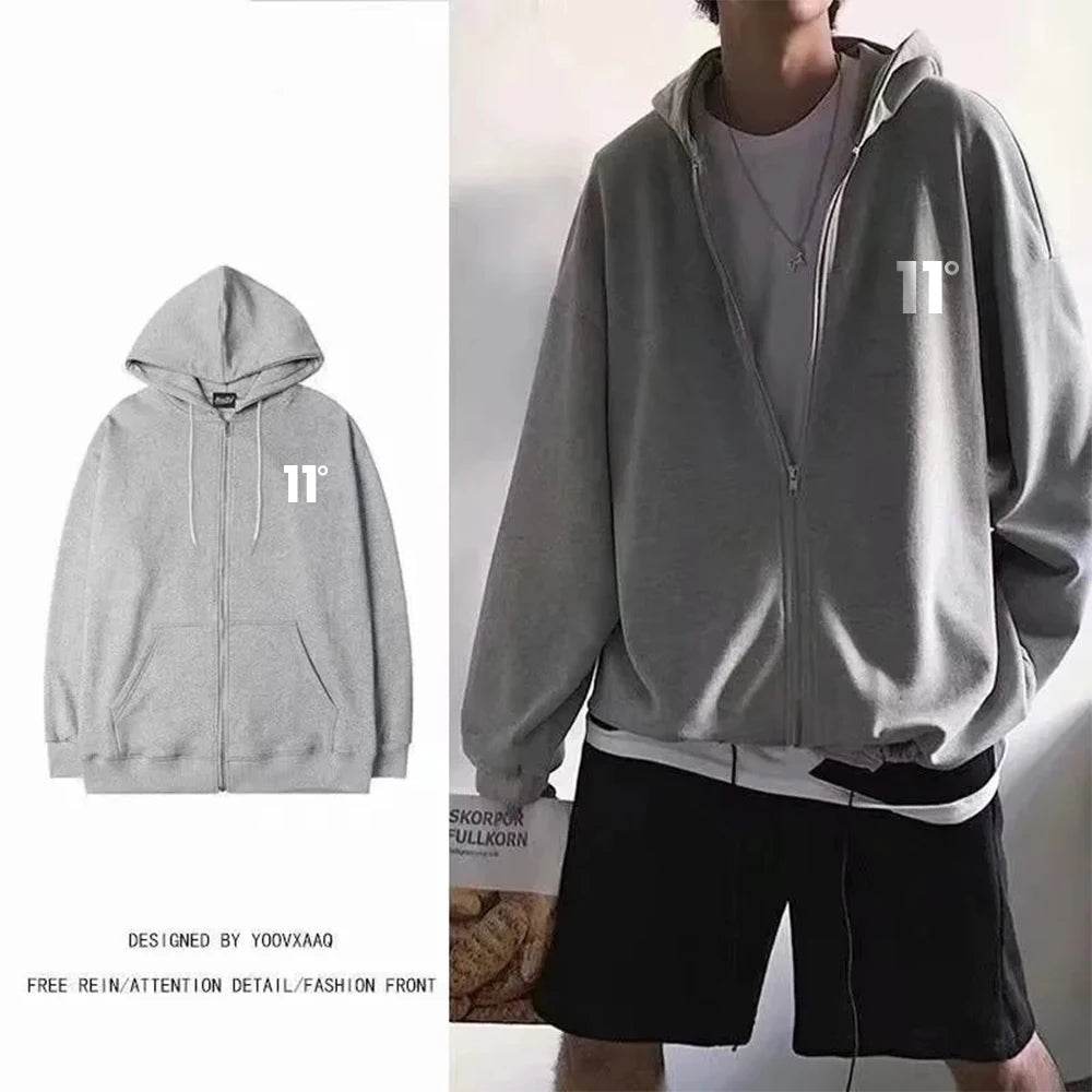 Men's zip-up pullover hoodie - fashionable and casual, with a hood, zipper, sporty style, trendy streetwear, skatewear, button-d
