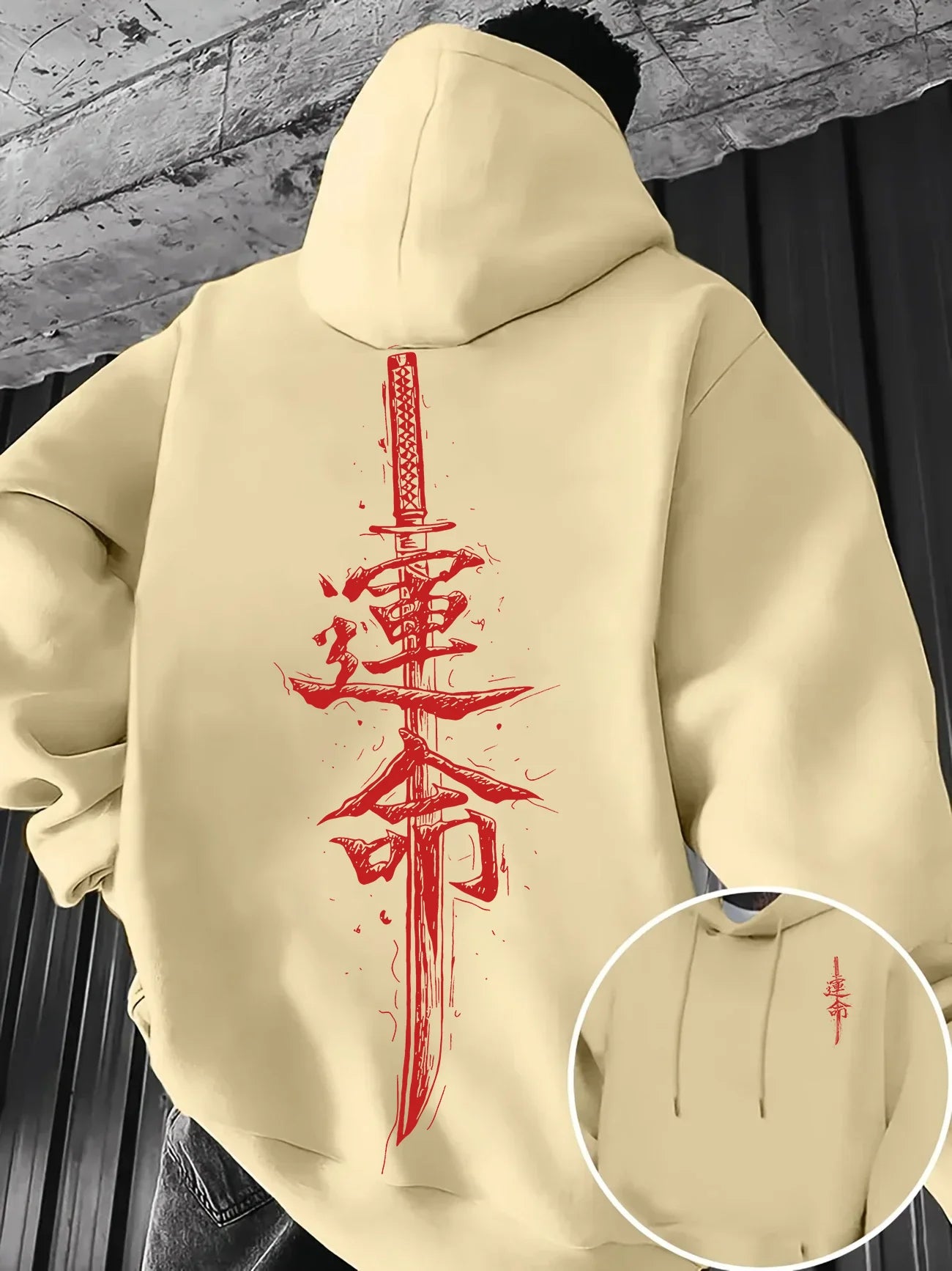 Aesthetic Japanese Katana Fate Kanji Hoodie Men Grunge Brush Stroke Calligraphy Sweatshirt Loose Autumn Daily Hooded Pullover