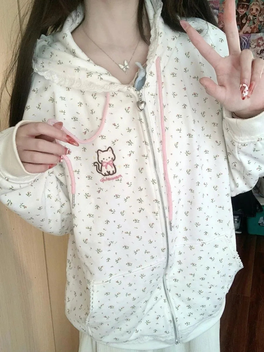 Y2k Kawaii Japanese Cartoon Long Sleeve Zipper Hooded Sweatshirts Subculture Loose Casual Hoodies Women Tops 2000s Vintage Chic