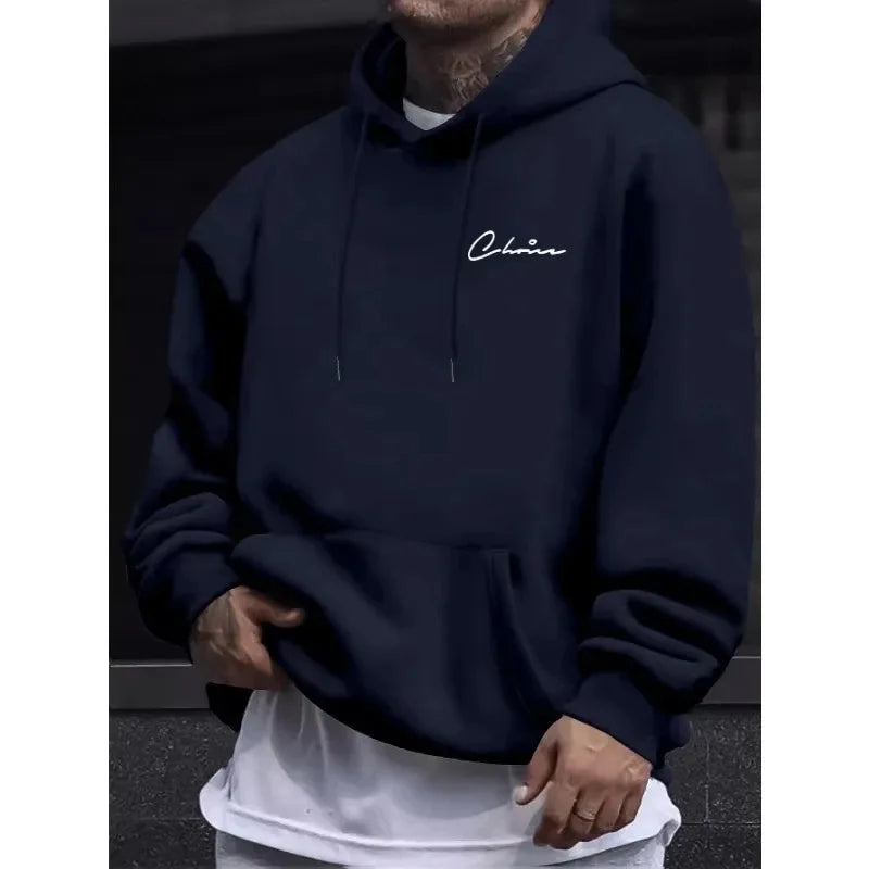 2026 new casual sportswear paired with simple printed men's hoodie and comfortable kangaroo pocket casual hoodie for casual wear