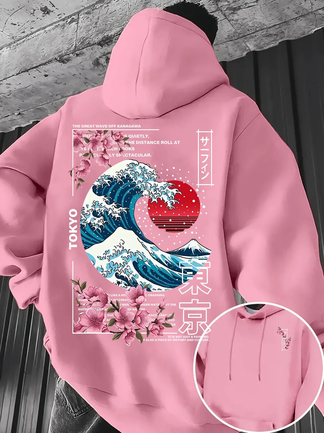 Ukiyo-E Great Wave Kanagawa Hoodie Men Aesthetic Sakura Tokyo Letter Graphic Sweatshirt Oriental Vintage Daily Hooded Pullover