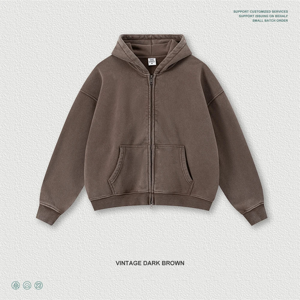ZODF Retro Washed Man Boxy Fit 400gsm Fleece Zipper Hoodie Unisex Distressed Loose Warm Hooded Coat Jacket Brand Outwears HY1184