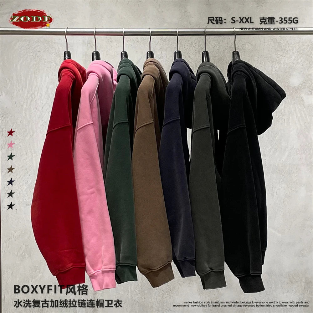 ZODF Retro Washed Man Boxy Fit 400gsm Fleece Zipper Hoodie Unisex Distressed Loose Warm Hooded Coat Jacket Brand Outwears HY1184