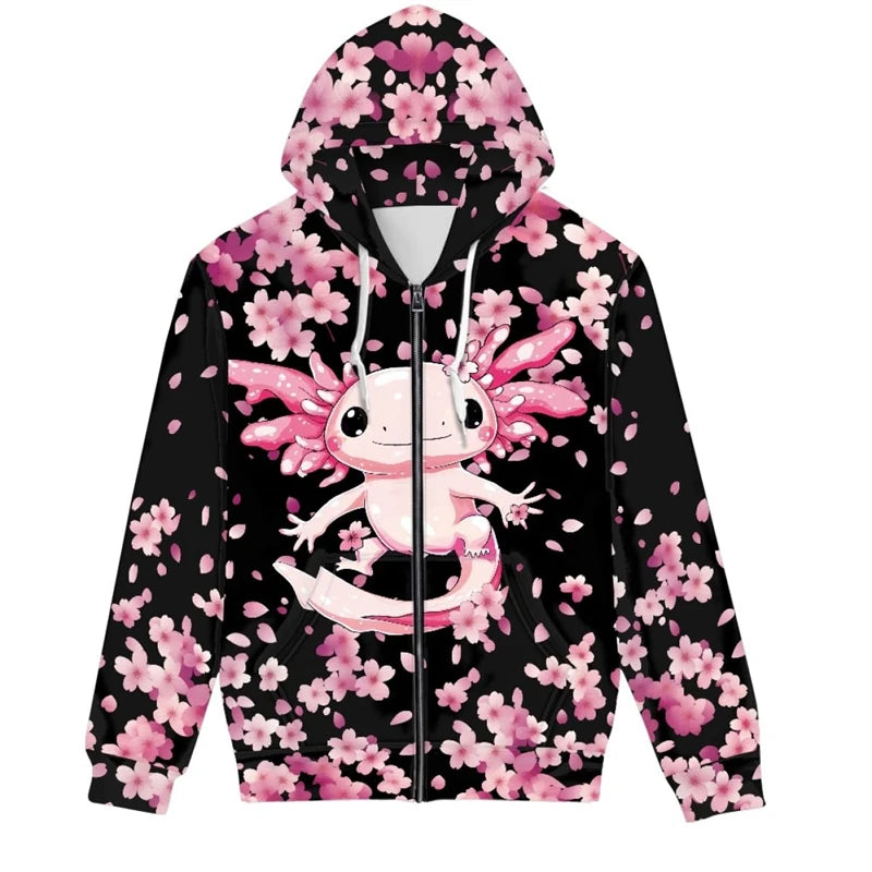Hot Sale Cute Axolotl 3D Printed Zip Up Hoodies Men Women Outdoor Leisure Trend Sweater Graphic Hooded Sweatshirt Man Clothing
