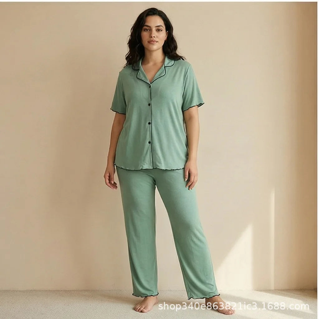 EU US Plus Size Women Solid Pajamas Set Summer Loose Loungewear Button Short-sleeved Cardigan Trousers Two-piece Set 0XL - 4XL