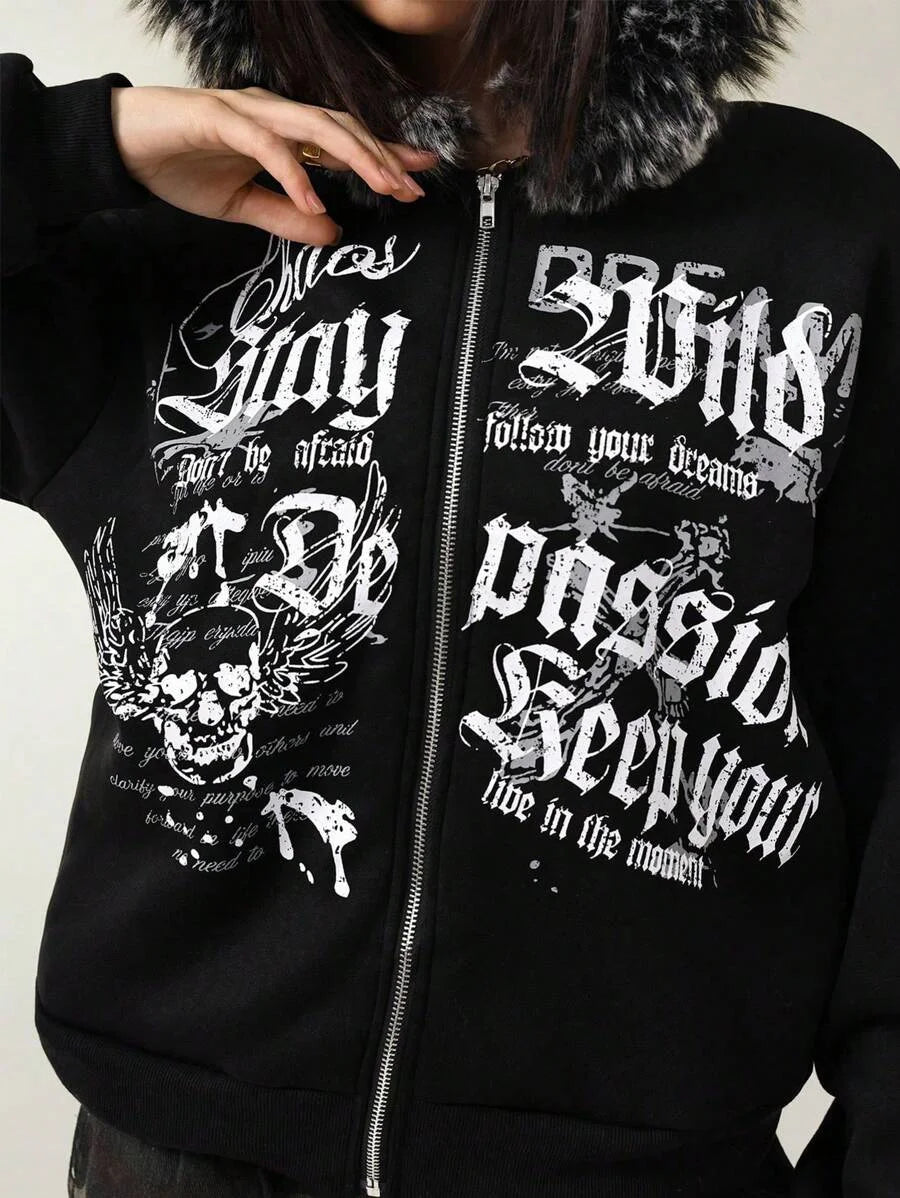 Y2K MMA Lint Sweatshirt Gothic Vintage Pattern Oversized Hooded ZipUp Sweatshirt Trend Men Women Fashion Casual Streetwear