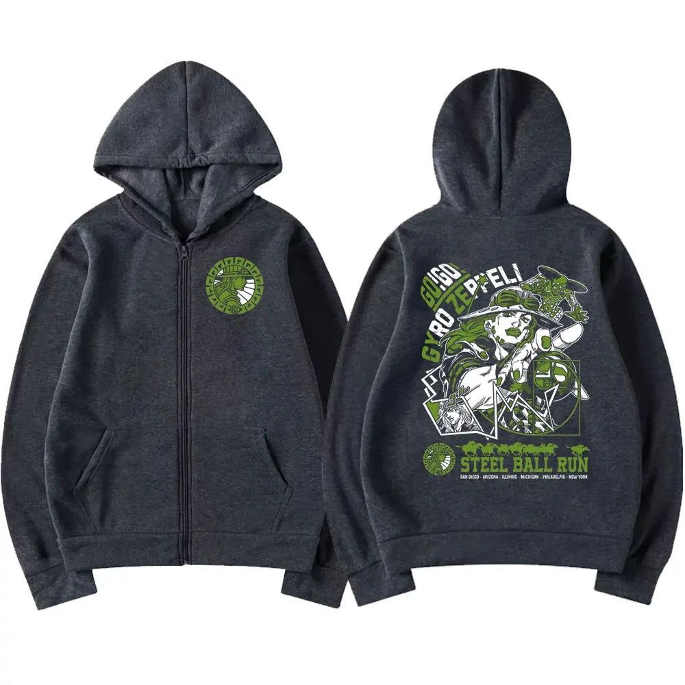 Anime Jojo Bizarre Adventure Zipper Hoodies Gyro Zeppeli STEEL BALL RUN Manga Zip Up Hooded Sweatshirts Men Casual Pullover Coat