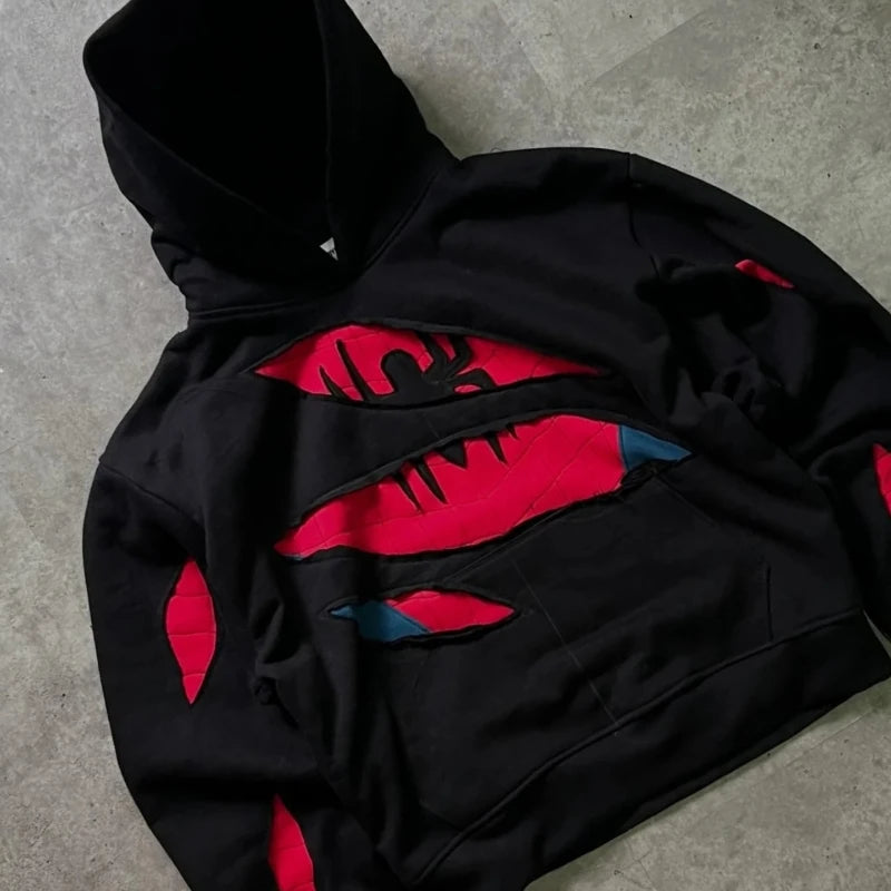 Mens Hoodie American Retro Spider Patchwork Zip Up Sweatshirt Harajuku Unisex Oversized Loose Fit Gothic Y2K Streetwear Fashion