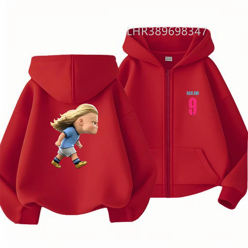 Kids Zipper Hoodie Tops Football Star No. 9 Print Black Boys Girls Red Toddler Coat Age 3-12 Casual Autumn Fashion Clothing