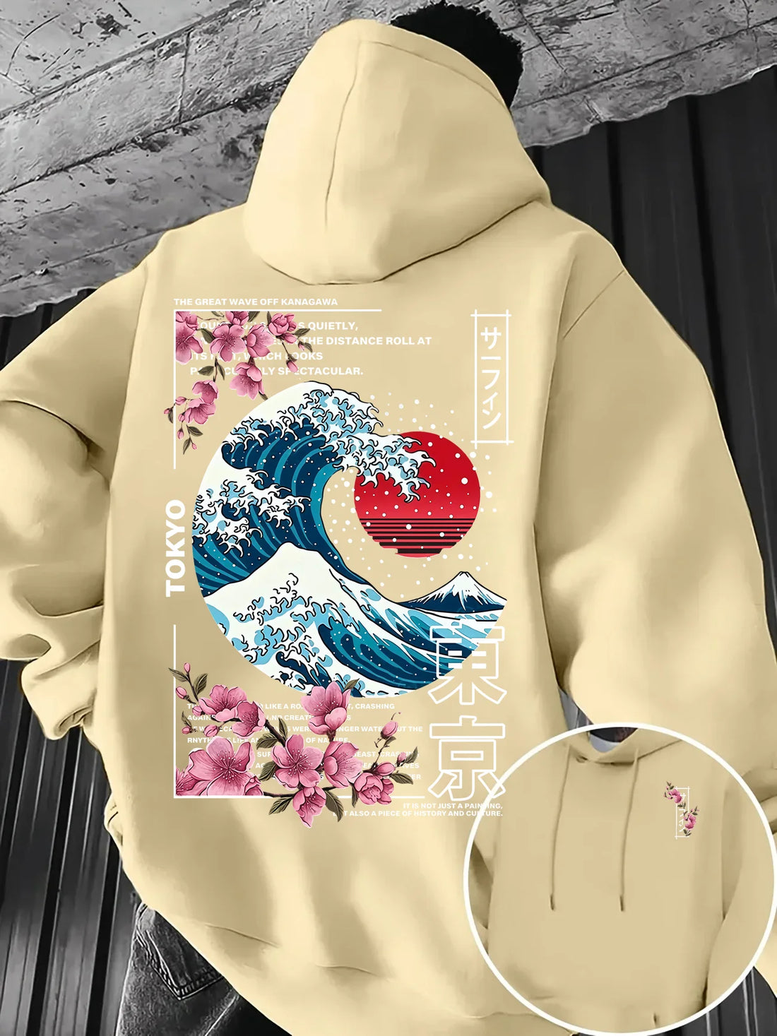 Ukiyo-E Great Wave Kanagawa Hoodie Men Aesthetic Sakura Tokyo Letter Graphic Sweatshirt Oriental Vintage Daily Hooded Pullover