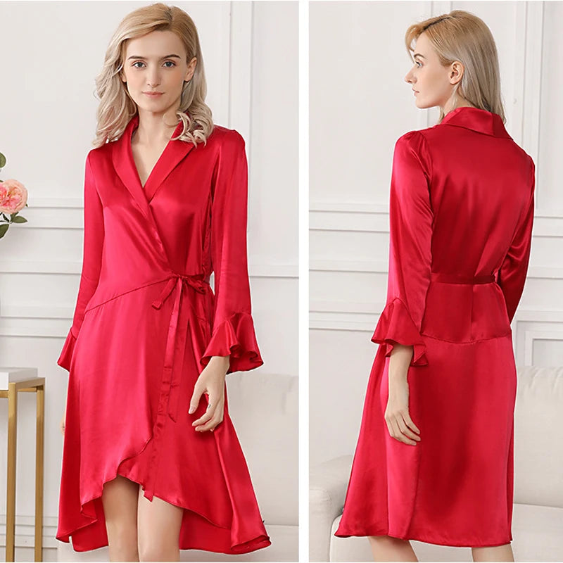 Heavyweight Silk Robe Long Sleeve Bathrobe for Women 100% Mulberry Silk Sexy Sleepwear Breathable Cool Loungewear Spring Autumn