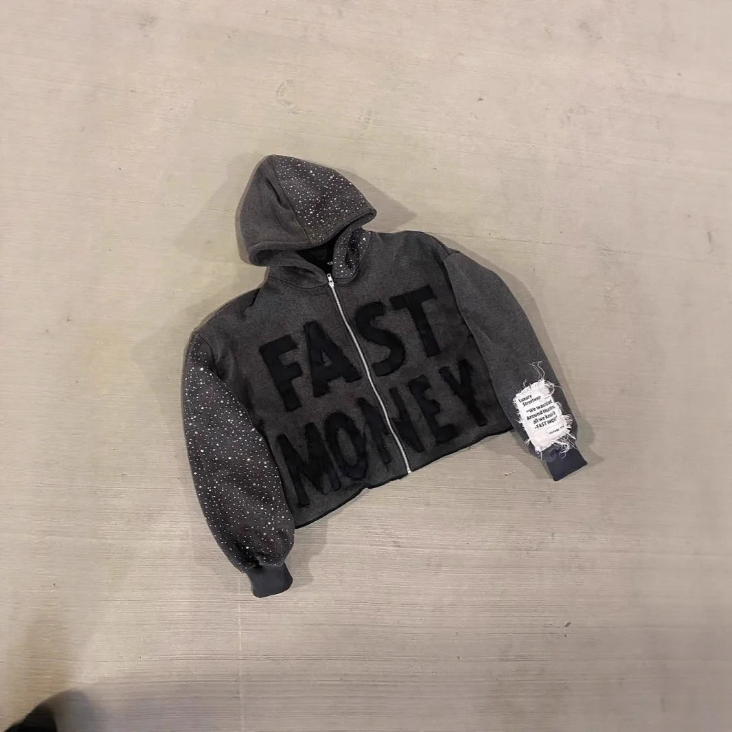 Oversized Washed Grey Rhinestone Sleeve Hoodie Zip up Jacket with Flocked Patch Letter Back Star Frayed Tag Y2K Streetwear
