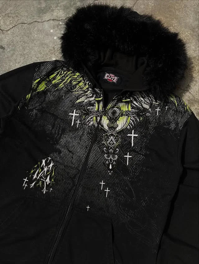 Y2K MMA Lint Sweatshirt Gothic Vintage Pattern Oversized Hooded ZipUp Sweatshirt Trend Men Women Fashion Casual Streetwear
