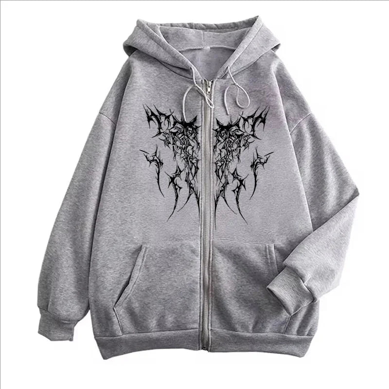 Gothic Printed Zipper Hoodies Women Men Vintage Fashion Hip Hop Y2K Coat Autumn Winter Fleece Long Sleeve Zip-up Hoodies