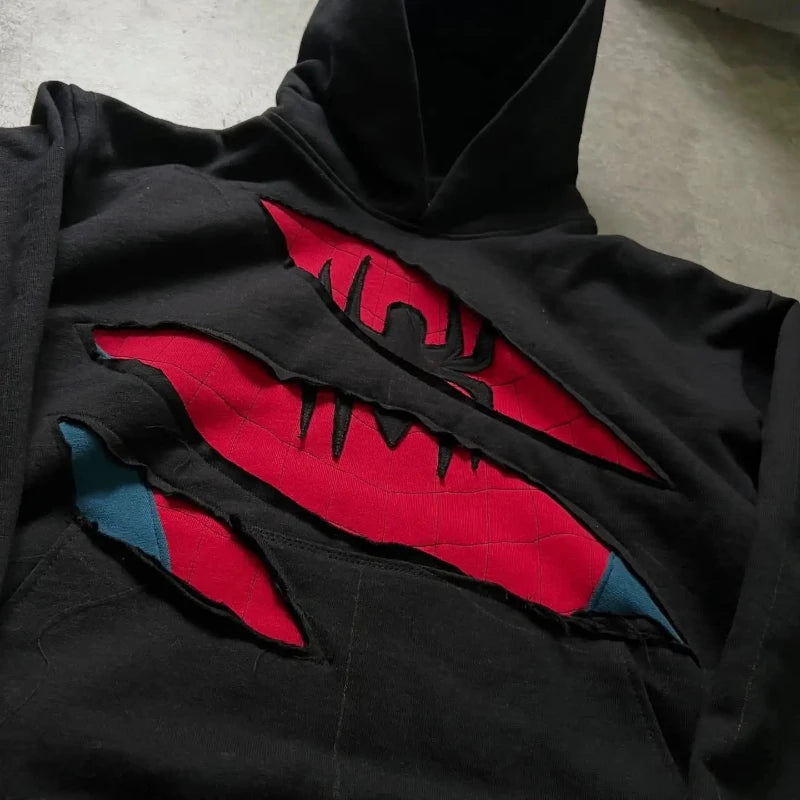 Mens Hoodie American Retro Spider Patchwork Zip Up Sweatshirt Harajuku Unisex Oversized Loose Fit Gothic Y2K Streetwear Fashion