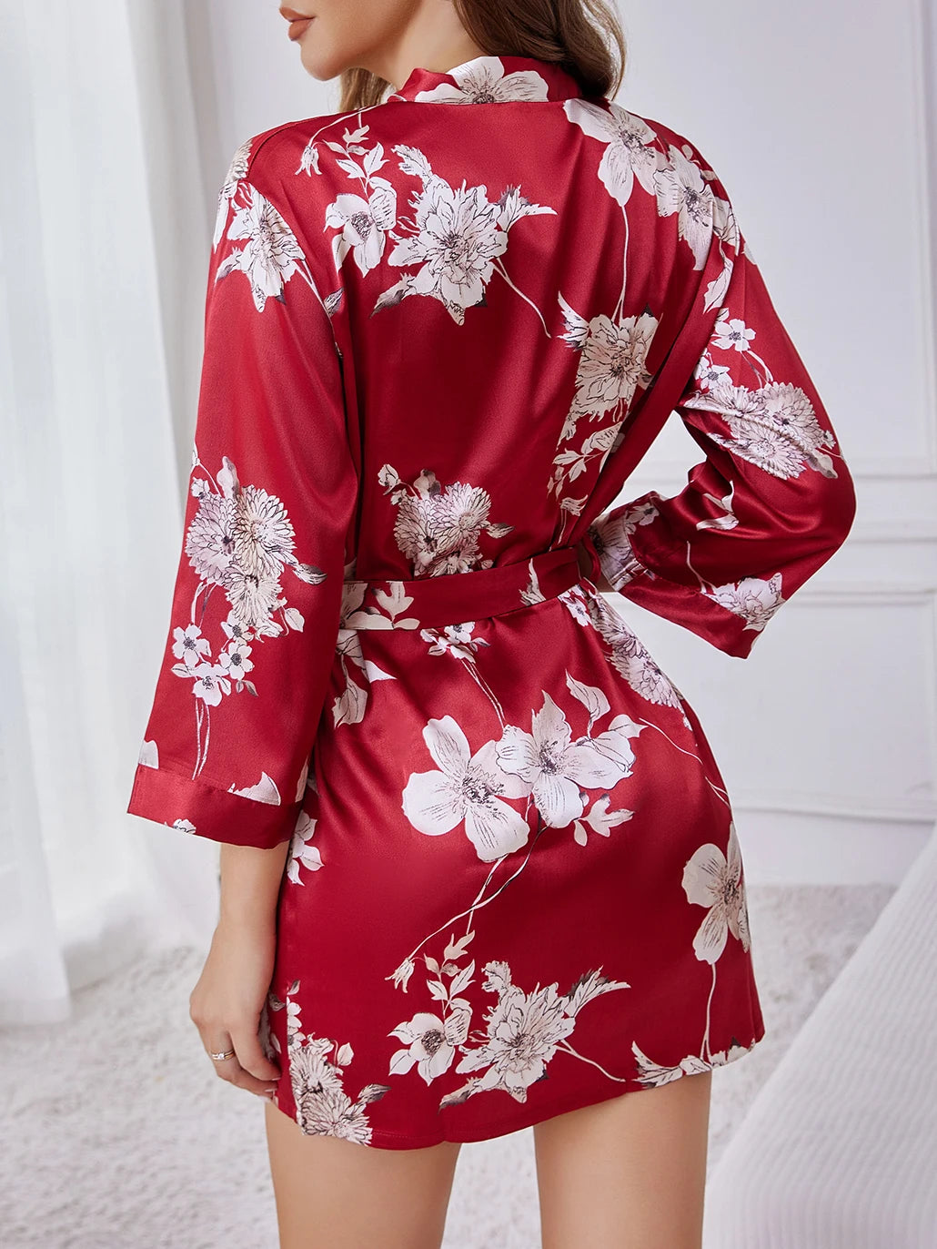 French-Inspired V-Neck Belted Robe Womens Lightweight Silk Loungewear Spring Floral Print Bathrobe with Flowy Sleeves