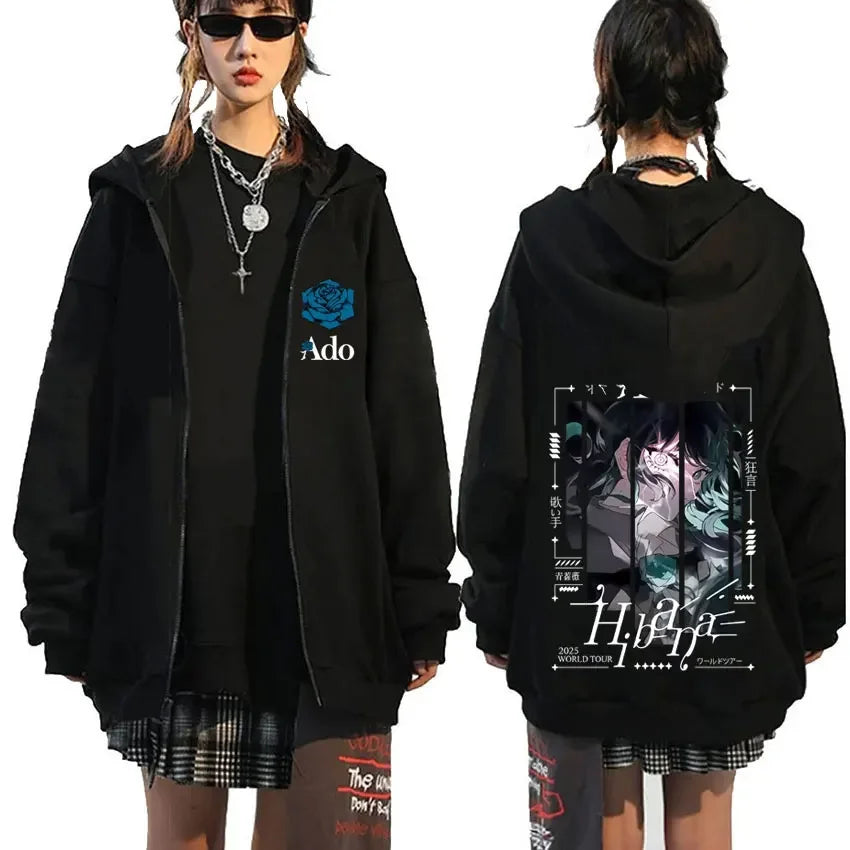 Ado Fashion Zipper Hoodie Men Women Hip Hop High Street Y2K Casual Zip-up Coat Autumn Winter Fleece Long Sleeve Sweatshirts