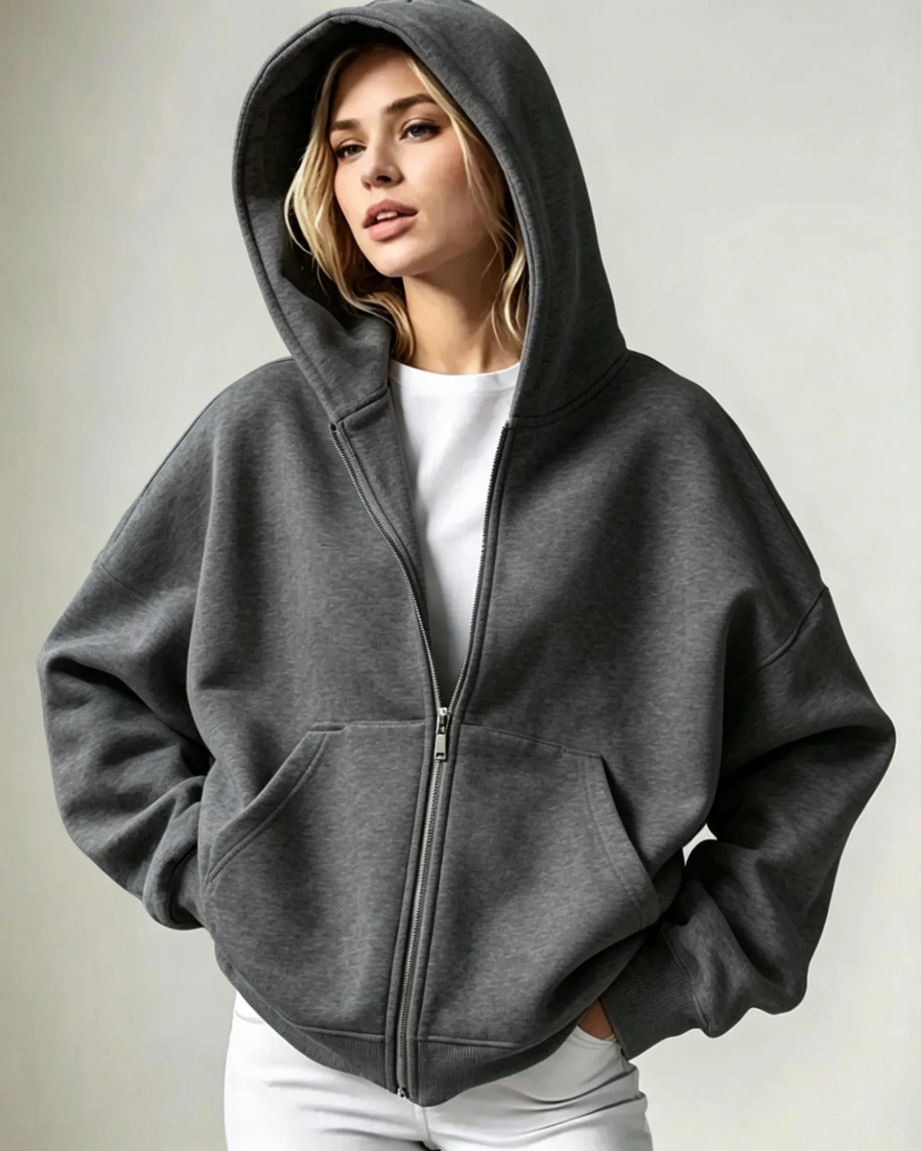 Women Solid Full Zip Up  Hoodie Casual Loose Pocket Hooded Jacket  Soft Long Sleeve Sweatshirt Autumn Winter couple Outerwear