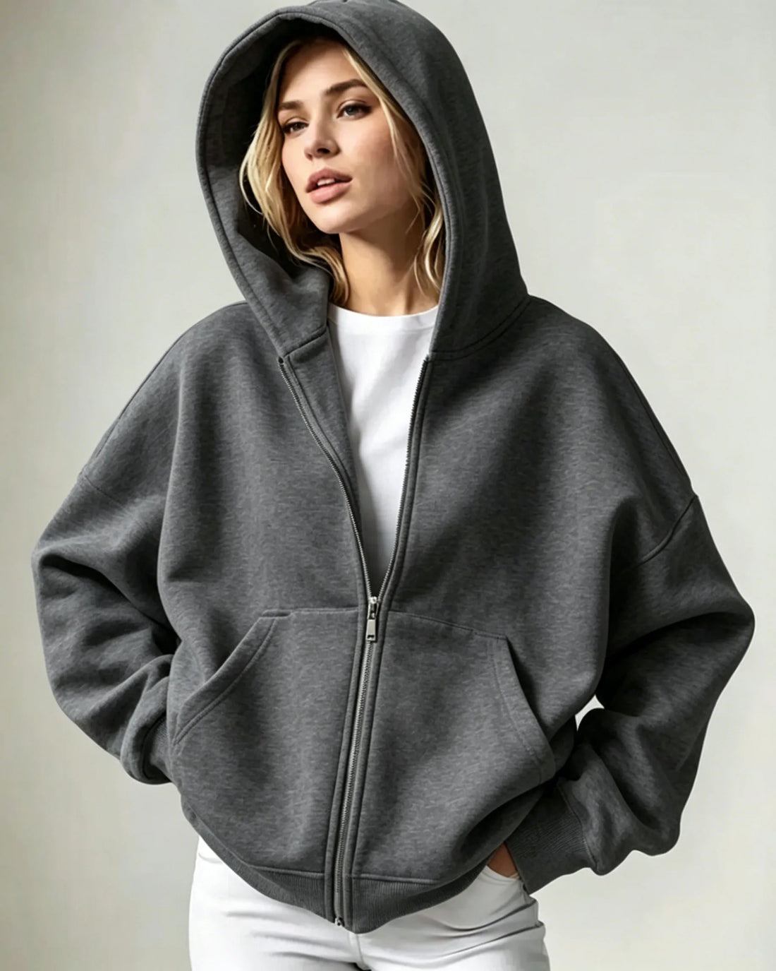 Women Solid Full Zip Up  Hoodie Casual Loose Pocket Hooded Jacket  Soft Long Sleeve Sweatshirt Autumn Winter couple Outerwear