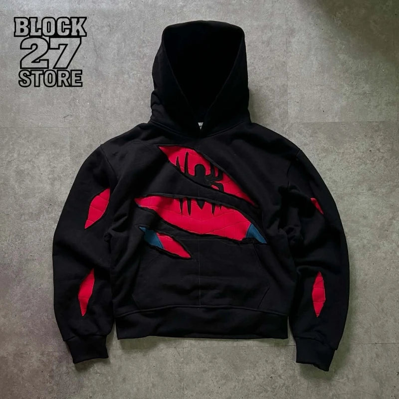 Mens Hoodie American Retro Spider Patchwork Zip Up Sweatshirt Harajuku Unisex Oversized Loose Fit Gothic Y2K Streetwear Fashion