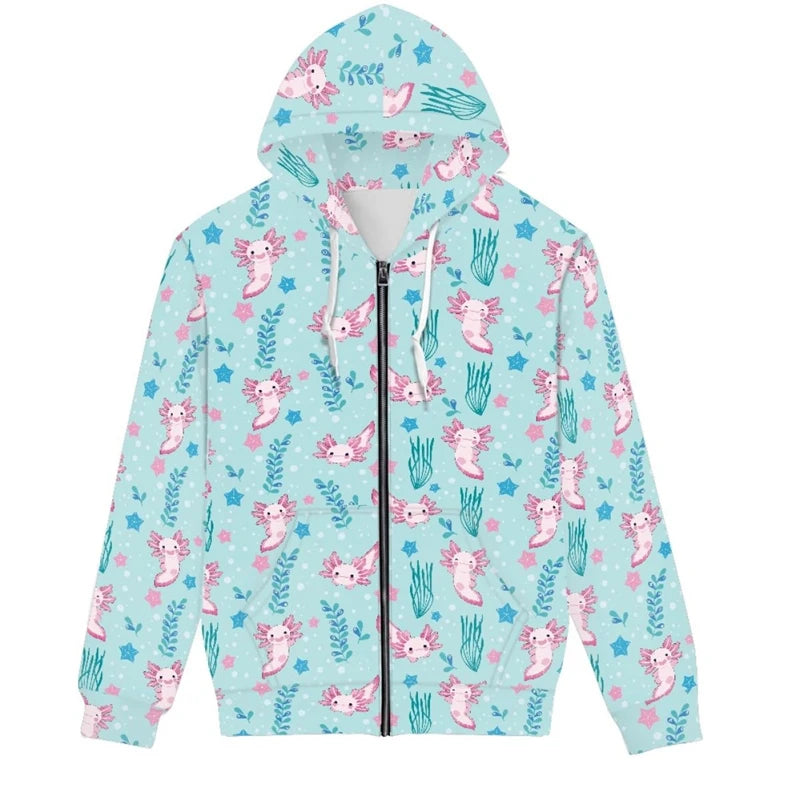 Hot Sale Cute Axolotl 3D Printed Zip Up Hoodies Men Women Outdoor Leisure Trend Sweater Graphic Hooded Sweatshirt Man Clothing