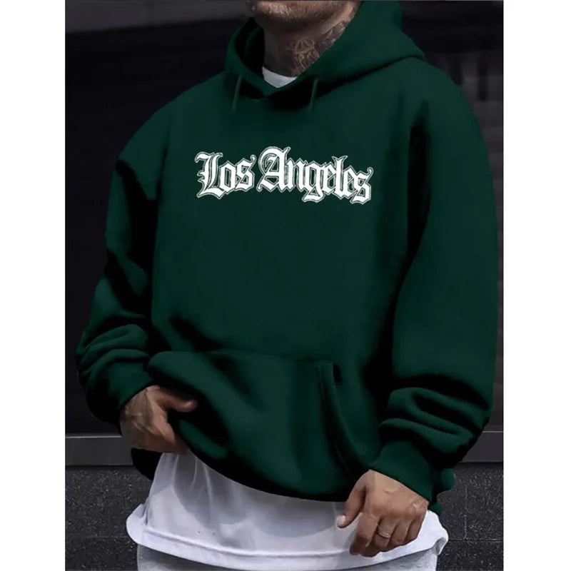 Men's Autumn and Winter Casual Fashion Loose Hoodie Los Angeles Letter Printed Long Sleeved Warm Pullover Sweater