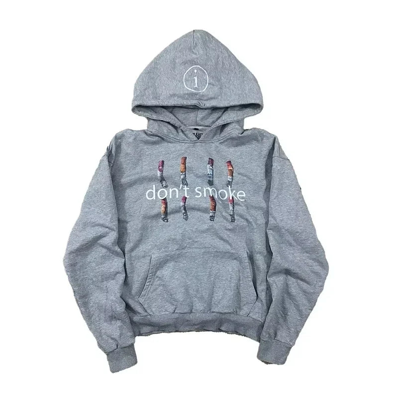 Y2K Gray Sports Hoodie Retro Smoke Print Sweater Men Women New Fashion Vintage Classic Hip Hop Streetwear Clothing Loose Jacket