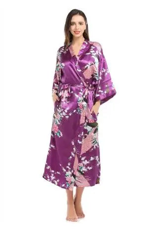 Womens Silk Satin Kimono Robes Long Sleepwear Dressing Gown Floral Peacock Printed Pattern Party Wedding Bridesmaid Bathrobe