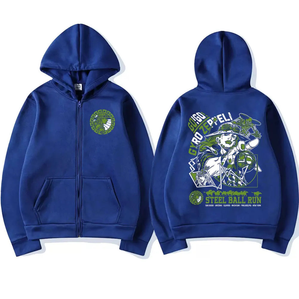 Anime Jojo Bizarre Adventure Zipper Hoodies Gyro Zeppeli STEEL BALL RUN Manga Zip Up Hooded Sweatshirts Men Casual Pullover Coat