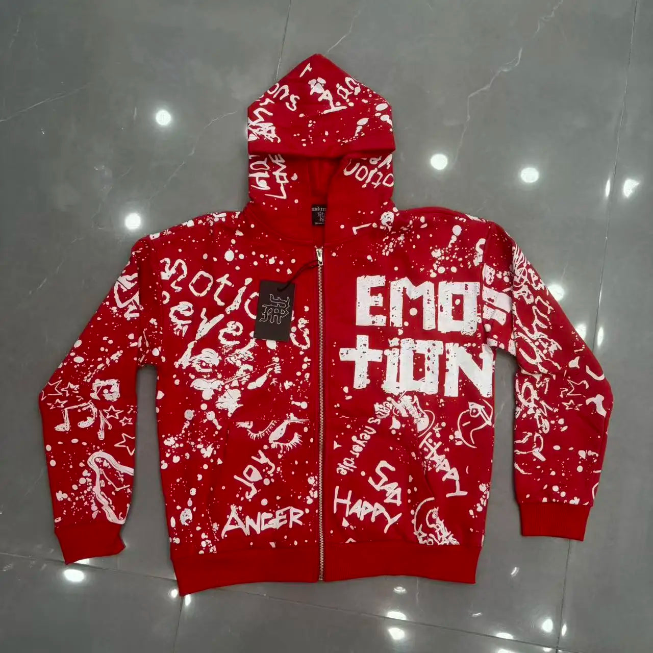 Fashionable Zip-Up Jacket, High Quality, 450g Heavyweight Pure Cotton Terry Fabric, White Ink Direct Printing, Middle Eastern Glass Rhinestones, Full Print, Hand-Applied Rhinestones