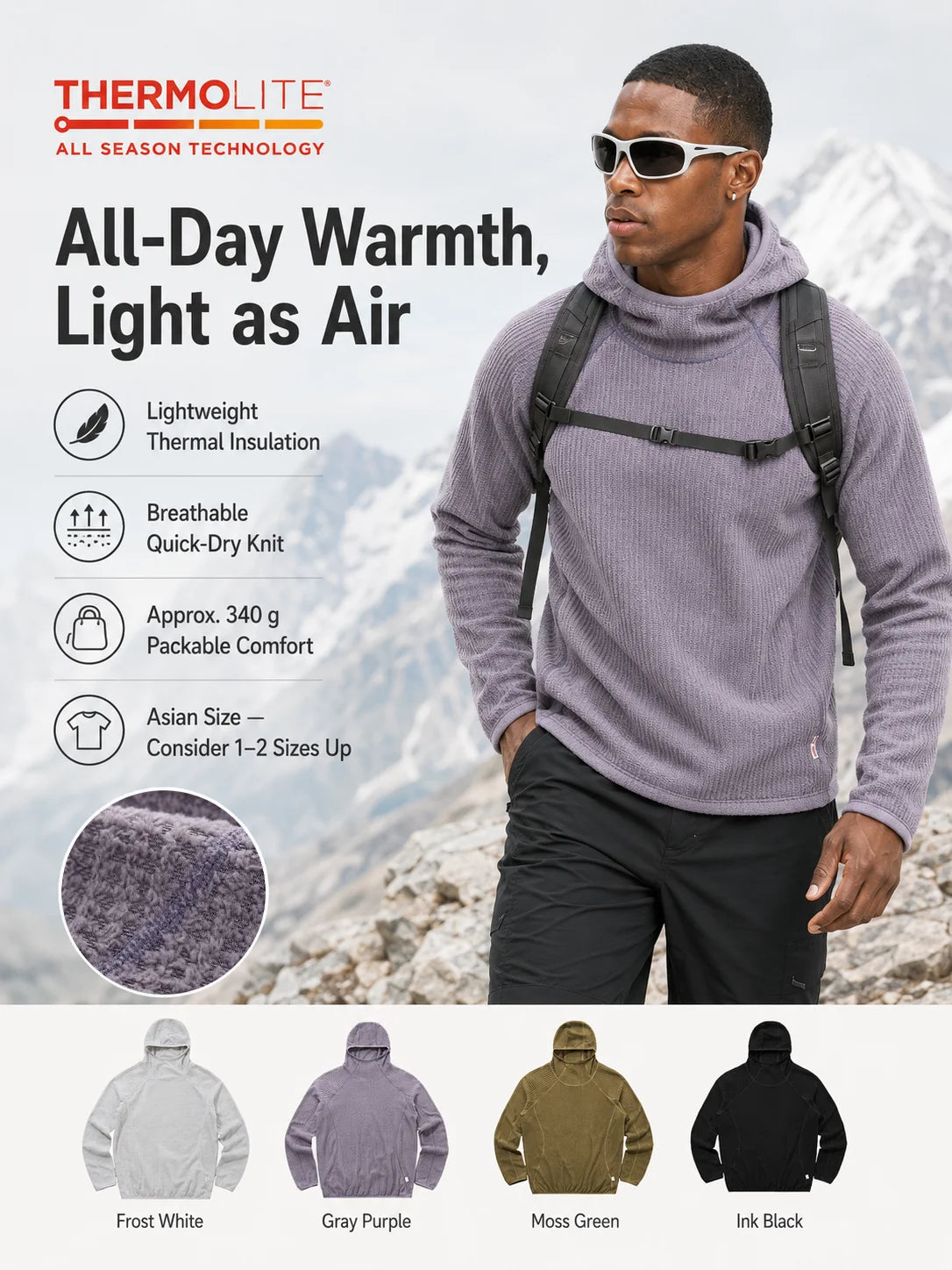 Thermolite® All Season Thermal Hoodie Unisex Lightweight Quick Dry Pullover Sweatshirt Breathable Winter Mid Layer Activewear