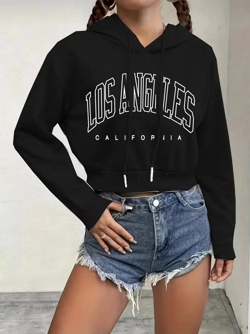 Fashion Los Angeles Letter Print Autumn Winter Cropped Sweatshirt Crop Top Hoodie Y2k Sweatshirts Gothic Casual Style Clothes