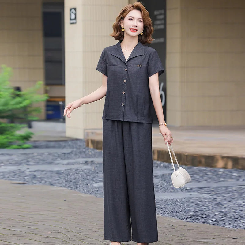 Elegant Fashionable Mommy Outfit Summer Short Sleeve Shirt Wide Leg Pants Two Piece Set for Middle-Aged And Elderly Women